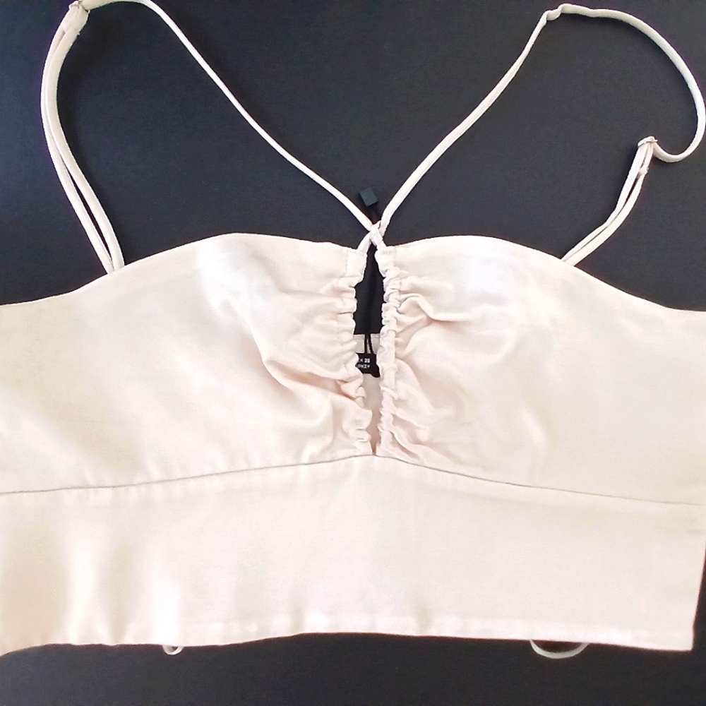 ZARA Cream Satiny Bandeau adjustable straps Zip closure Sz S NWOT